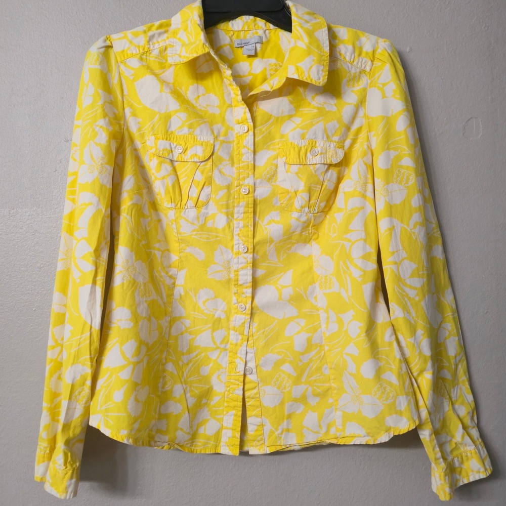 Old Navy Womens Yellow White Floral Button Down Shirt Long Sleeve Size M